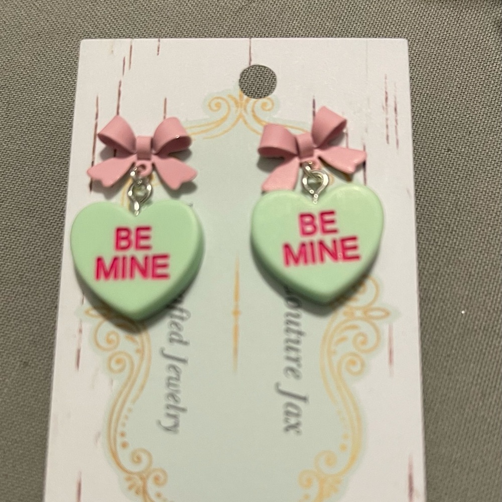 Handmade Valentine Green Be Mine Heart Earrings with Pink Bows